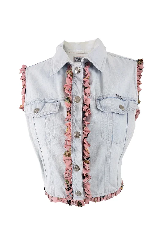 Fendissime Vintage Womens Ruffled Denim Vest Jacket, 1990s Rayon Fabric Velvet Fabric Corduroy Fabric Fendissime Vintage Womens Ruffled Denim Vest Jacket, 1990s Rayon Fabric Velvet Fabric Corduroy Fabric