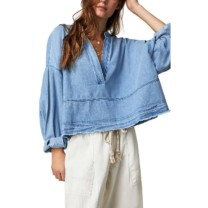 Free People Womens Collar Denim Denim Jacket Notch Collar Peter Pan Collar Cowl Neck