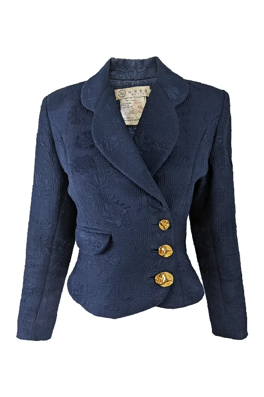 Grés Vintage Womens Navy Quilted Cotton Tailored Jacket, 1980s Denim Fabric Leather Fabric Suede Fabric Grés Vintage Womens Navy Quilted Cotton Tailored Jacket, 1980s Denim Fabric Leather Fabric Suede Fabric