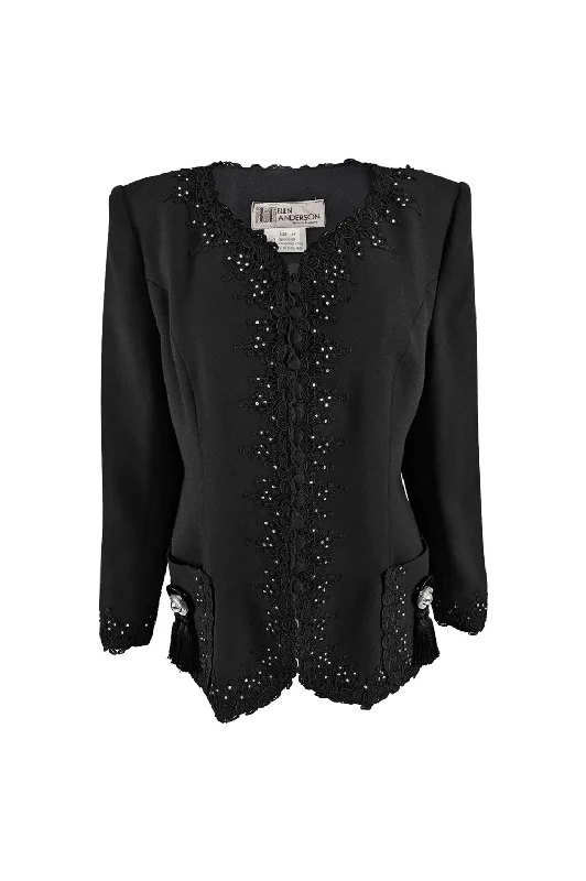 Helen Anderson Vintage Womens Fringed Lace Trim Crepe Jacket, 1980s Zip Front Button Front Snap Front Helen Anderson Vintage Womens Fringed Lace Trim Crepe Jacket, 1980s Zip Front Button Front Snap Front
