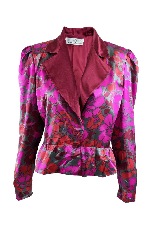 Jean Louis Scherrer Vintage Womens Fuchsia Silk Peplum Jacket, 1980s Stand-Up Collar Roll-Neck Collar Turtle Neck Jean Louis Scherrer Vintage Womens Fuchsia Silk Peplum Jacket, 1980s Stand-Up Collar Roll-Neck Collar Turtle Neck