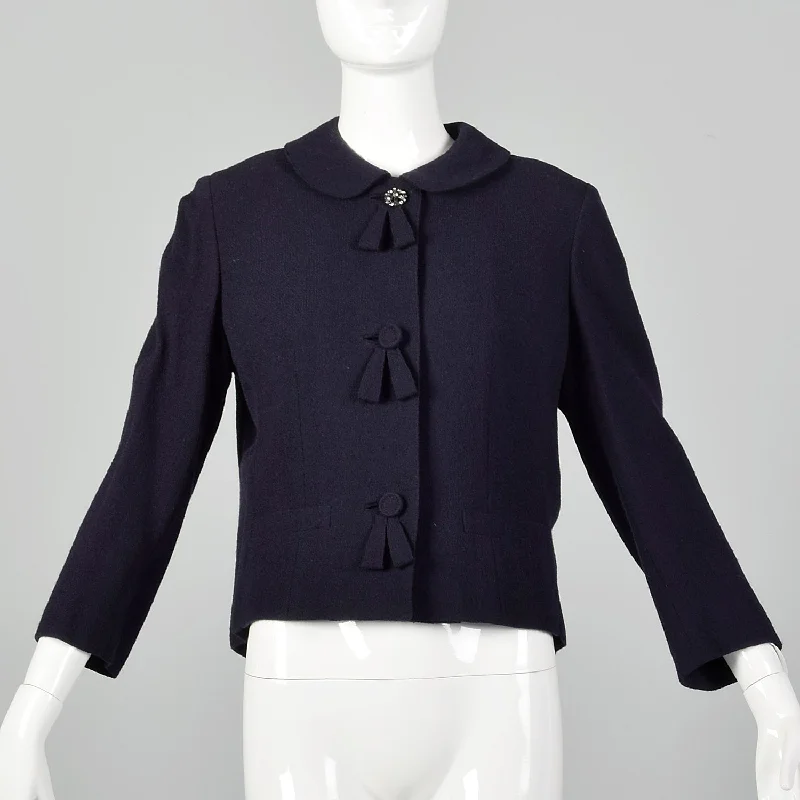 Medium 1960s Navy Blue Peter Pan Collar Wool Jacket Nylon Fabric Polyester Fabric Spandex Fabric Medium 1960s Navy Blue Peter Pan Collar Wool Jacket Nylon Fabric Polyester Fabric Spandex Fabric