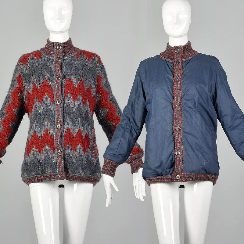 Medium 1970s Reversible Sweater Jacket Boat Neck Shawl Collar Notched Collar