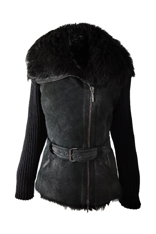 Plein Sud Vintage Black Shearling & Knit Moto Jacket, 1990s A-Line Jacket Boat Neck Shawl Collar Plein Sud Vintage Black Shearling & Knit Moto Jacket, 1990s A-Line Jacket Boat Neck Shawl Collar