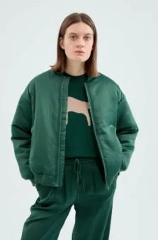 Puffy Bomber Jacket - Green Ribbed Jacket Pleated Jacket Ruffled Jacket