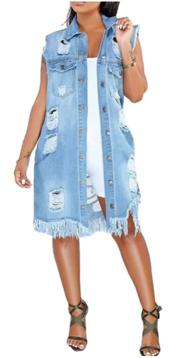 Ripped Sleeveless Mid Long Denim Jacket Fleece Jacket Down Jacket Feather Jacket
