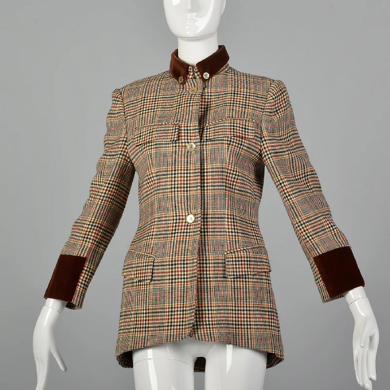 Small Umberto Ginocchietti 1970s Plaid Jacket with Velvet Trim Cardigan Sweater Pullover Small Umberto Ginocchietti 1970s Plaid Jacket with Velvet Trim Cardigan Sweater Pullover
