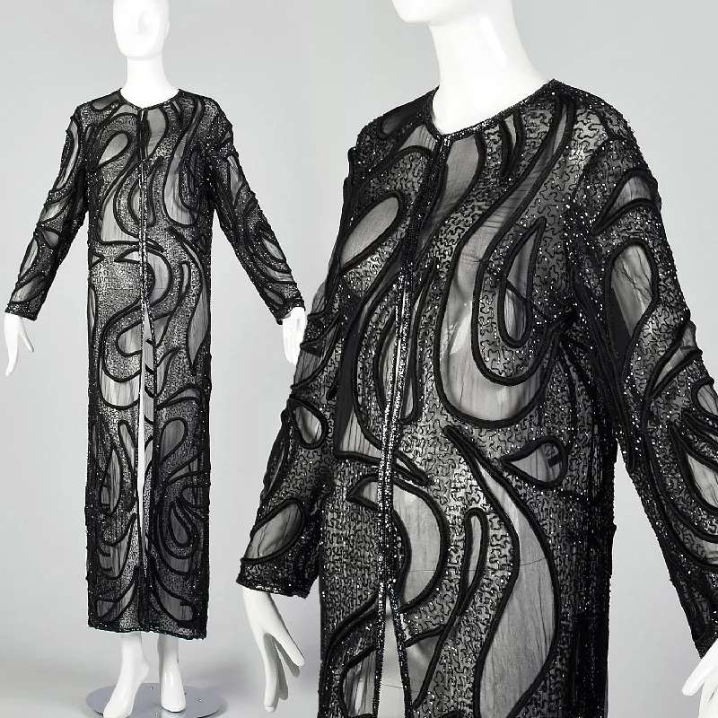Stunning Bob Mackie Sheer Black Beaded Silk Maxi Jacket Denim Fabric Leather Fabric Suede Fabric Stunning Bob Mackie Sheer Black Beaded Silk Maxi Jacket Denim Fabric Leather Fabric Suede Fabric