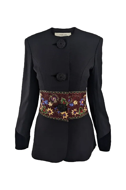 Tomasz Starzewski Vintage Black Crepe Embroidered Jacket, 1980s Tiered Jacket Buttoned Jacket Zippered Jacket Tomasz Starzewski Vintage Black Crepe Embroidered Jacket, 1980s Tiered Jacket Buttoned Jacket Zippered Jacket