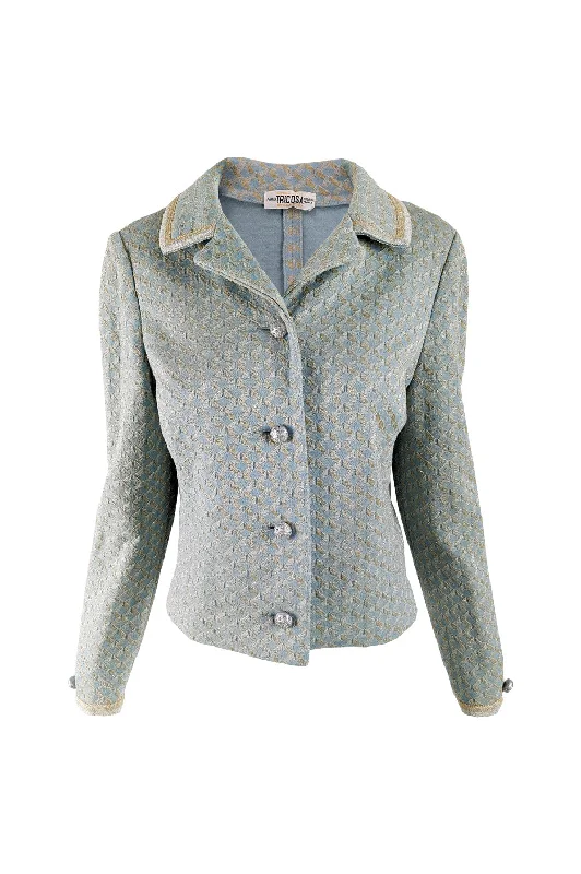 Tricosa Paris Vintage Duck Egg Blue & Gold Lurex Knit Jacket, 1960s V-Neck Jacket Boat Neck Jacket Square Neck Jacket Tricosa Paris Vintage Duck Egg Blue & Gold Lurex Knit Jacket, 1960s V-Neck Jacket Boat Neck Jacket Square Neck Jacket