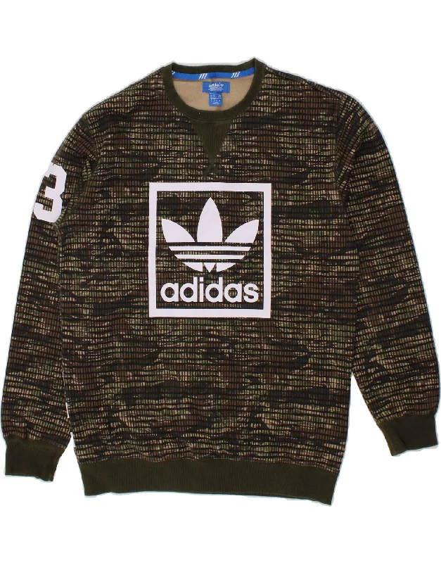 ADIDAS Mens Graphic Sweatshirt Jumper Medium Khaki Camouflage Cotton Hoodie with Hem Frayed Vintage Worn ADIDAS Mens Graphic Sweatshirt Jumper Medium Khaki Camouflage Cotton Hoodie with Hem Frayed Vintage Worn
