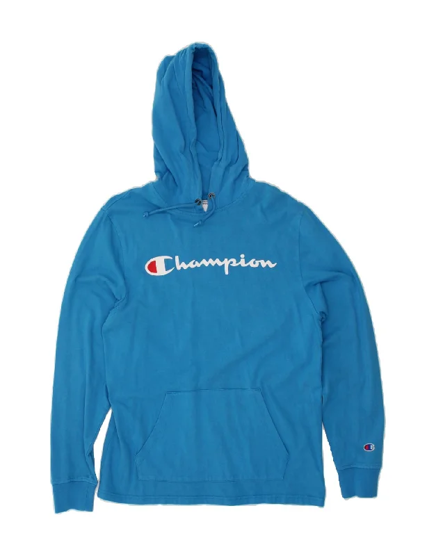 CHAMPION Mens Graphic Hoodie Jumper Medium Blue Cotton Hoodie with Emblem Brand Identity CHAMPION Mens Graphic Hoodie Jumper Medium Blue Cotton Hoodie with Emblem Brand Identity