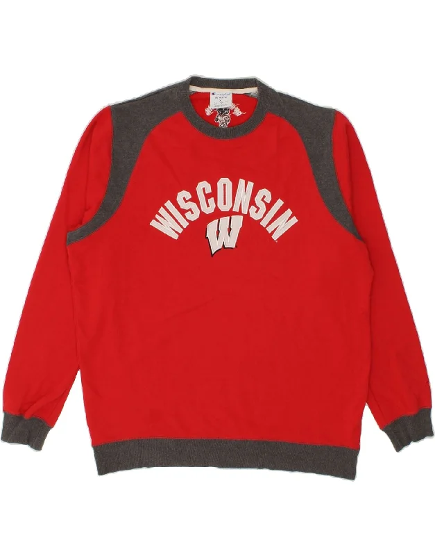CHAMPION Mens Wisconsin Graphic Sweatshirt Jumper XL Red Cotton Hoodie with Raw Hem Edgy Unfinished CHAMPION Mens Wisconsin Graphic Sweatshirt Jumper XL Red Cotton Hoodie with Raw Hem Edgy Unfinished