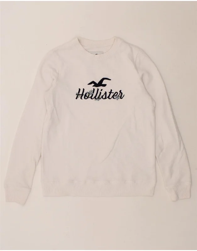 HOLLISTER Womens Graphic Sweatshirt Jumper UK 10 Small White Cotton Hoodie with Rolled Sleeves Casual Relaxed HOLLISTER Womens Graphic Sweatshirt Jumper UK 10 Small White Cotton Hoodie with Rolled Sleeves Casual Relaxed
