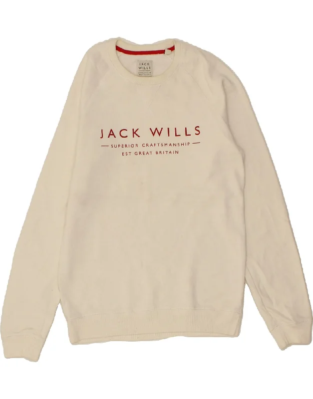 JACK WILLS Mens Graphic Sweatshirt Jumper XS Off White Cotton Hoodie with Hem Applique Textured Unique JACK WILLS Mens Graphic Sweatshirt Jumper XS Off White Cotton Hoodie with Hem Applique Textured Unique