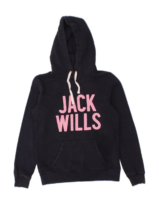 JACK WILLS Womens Graphic Hoodie Jumper UK 10 Small Navy Blue Cotton Hoodie with Longline Fit Extended Stylish JACK WILLS Womens Graphic Hoodie Jumper UK 10 Small Navy Blue Cotton Hoodie with Longline Fit Extended Stylish