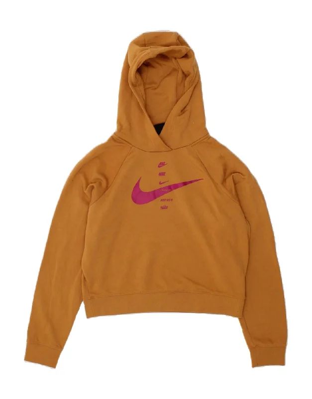 NIKE Womens Swoosh Crop Oversized Hoodie Jumper UK 10 Small Brown Cotton Hoodie with Toggle Buttons Decorative Unique NIKE Womens Swoosh Crop Oversized Hoodie Jumper UK 10 Small Brown Cotton Hoodie with Toggle Buttons Decorative Unique