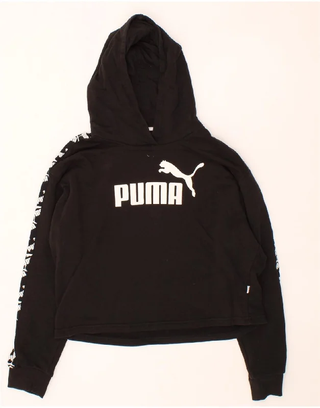 PUMA Womens Oversized Graphic Hoodie Jumper UK 14 Medium Black Cotton Hoodie with Exposed Zipper Edgy Industrial PUMA Womens Oversized Graphic Hoodie Jumper UK 14 Medium Black Cotton Hoodie with Exposed Zipper Edgy Industrial