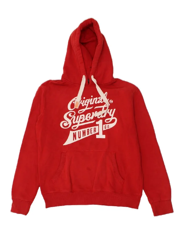 SUPERDRY Mens Graphic Hoodie Jumper 2XL Red Cotton Hoodie with Lining Warm Insulated
