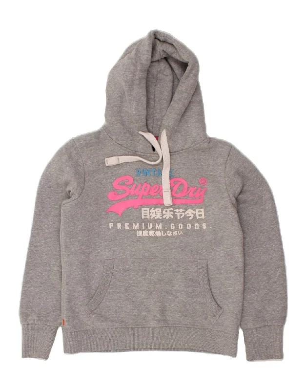 SUPERDRY Womens Graphic Hoodie Jumper UK 16 Large Grey Cotton Hoodie with Side Slits Relaxed Casual SUPERDRY Womens Graphic Hoodie Jumper UK 16 Large Grey Cotton Hoodie with Side Slits Relaxed Casual