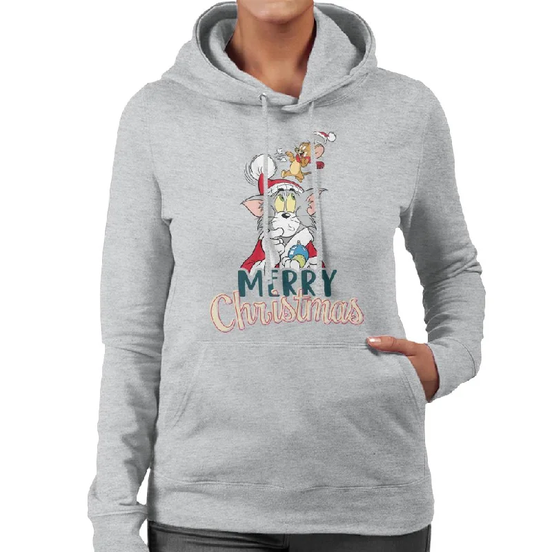 Tom and Jerry Christmas Merry Xmas Women's Hooded Sweatshirt Hoodie with Button Placket Classic Preppy Tom and Jerry Christmas Merry Xmas Women's Hooded Sweatshirt Hoodie with Button Placket Classic Preppy