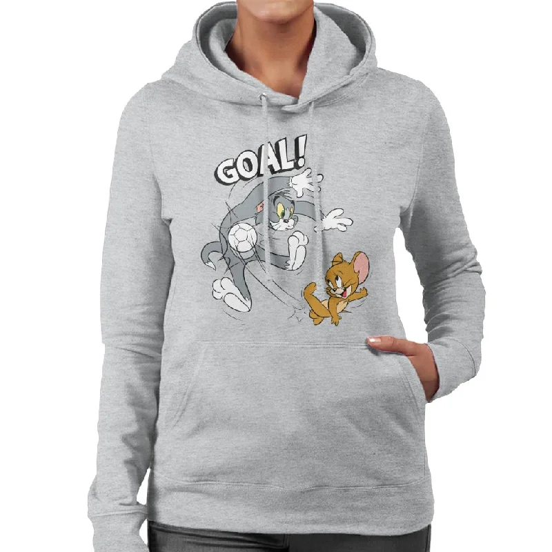 Tom and Jerry Football Goal Women's Hooded Sweatshirt Hoodie with Distressed Vintage Worn Tom and Jerry Football Goal Women's Hooded Sweatshirt Hoodie with Distressed Vintage Worn