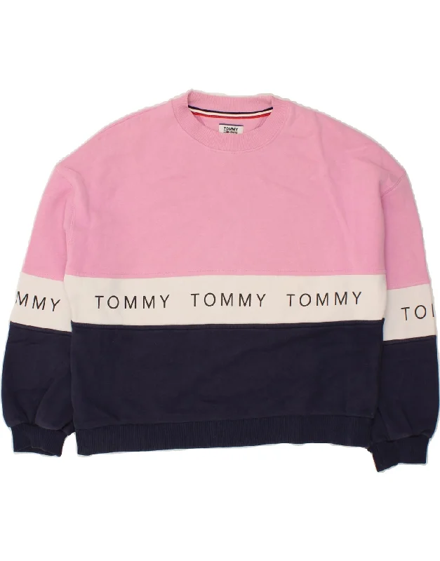TOMMY HILFIGER Womens Oversized Graphic Sweatshirt Jumper UK 6 XS Pink Hoodie with Lining Warm Insulated