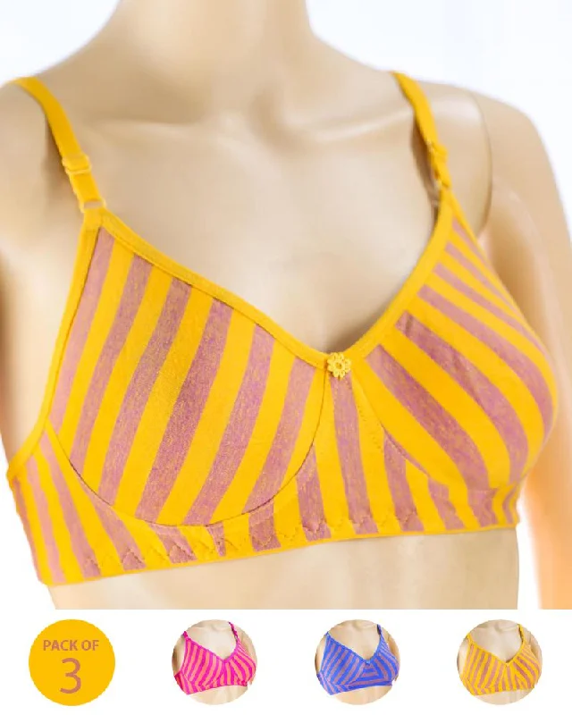 Pack of 3 - Madam Bra - M-3 - Non Padded, Non Wired Bra, Soft Jersey Cotton Bra Supportive Wireless Bra