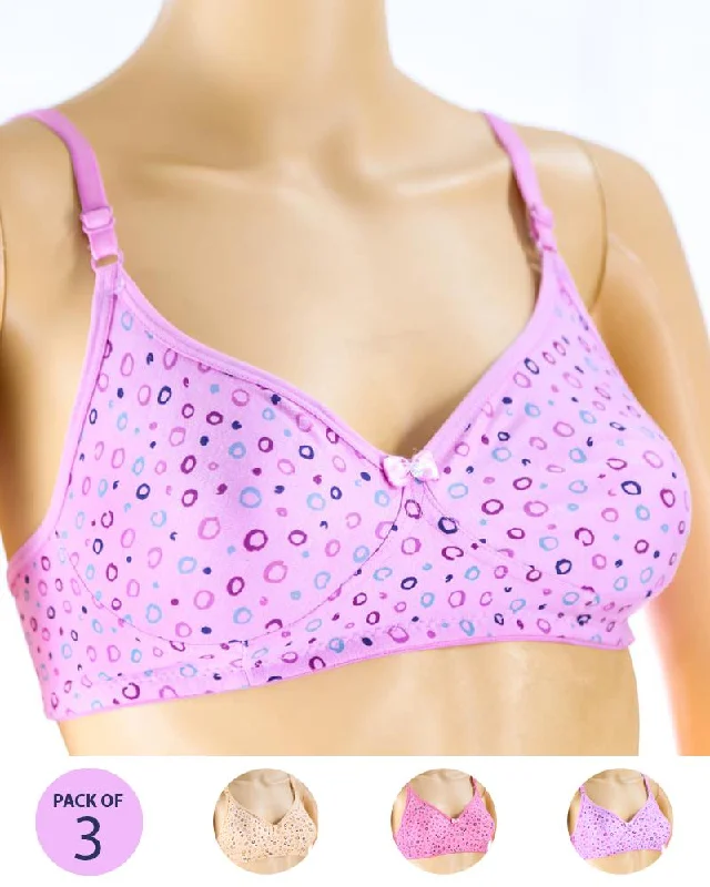 Pack of 3 - Madam Bra - M-7 - Non Padded, Non Wired Bra, Soft Jersey Cotton Bra Elegant Silk Bra