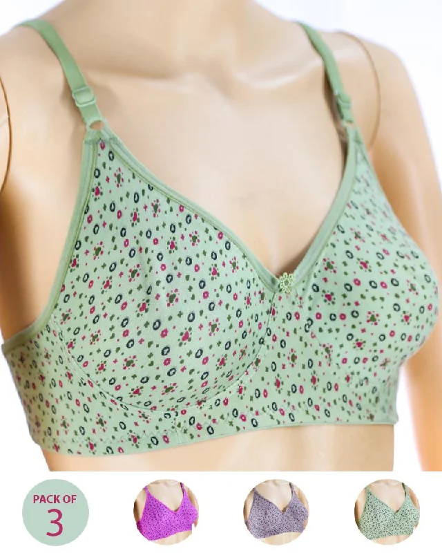 Pack of 3 - Madam Bra - M-8 - Non Padded, Non Wired Bra, Soft Jersey Cotton Bra Chic Lace Bra