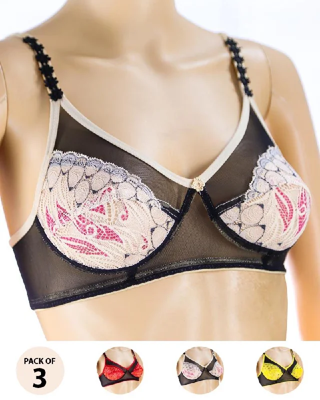 Pack of 3 Madam Bra - Rain - Non Padded Bra - Non Wired Bra Comfortable Lace Bralette