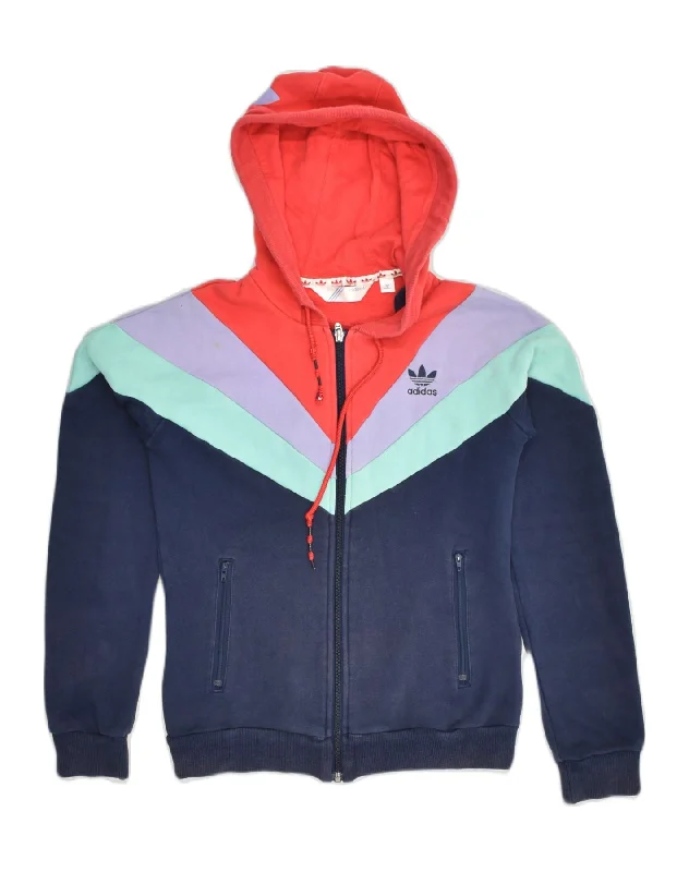 ADIDAS Womens Zip Hoodie Sweater UK 10 Small Navy Blue Colourblock Cotton Ribbed Striped Patterned