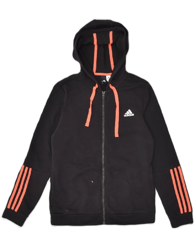 ADIDAS Womens Zip Hoodie Sweater UK 12 Medium Black Cotton Solid Print Embellished