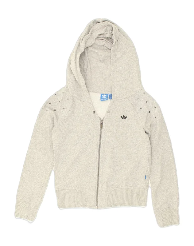 ADIDAS Womens Zip Hoodie Sweater UK 12 Medium Grey Cotton Silk Blend Satin Velvet