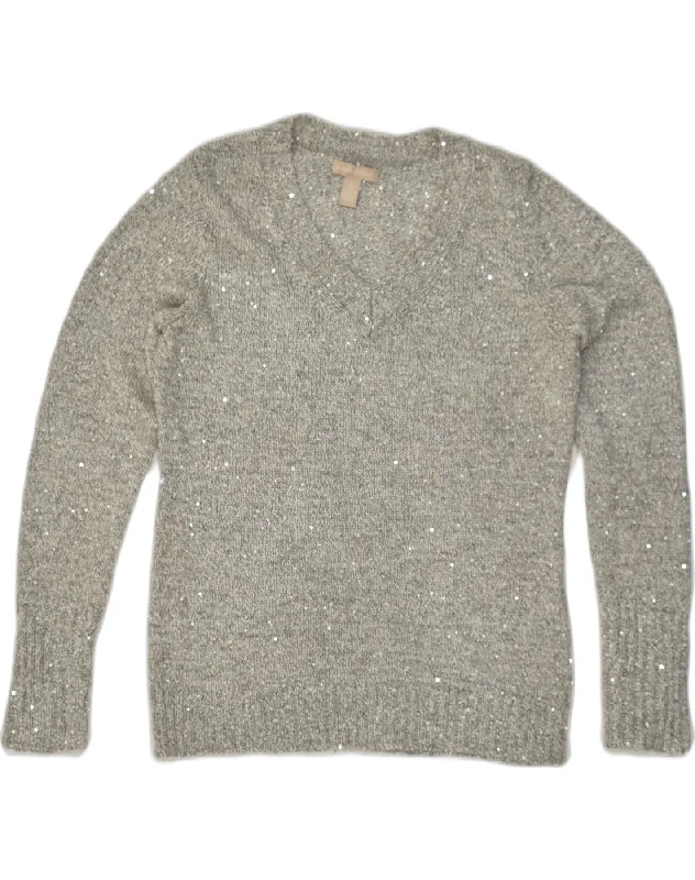 BANANA REPUBLIC Womens V-Neck Jumper Sweater UK 14 Large Grey Striped Floral Plaid