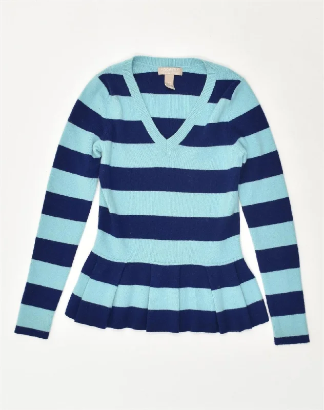 BANANA REPUBLIC Womens V-Neck Jumper Sweater UK 8 Small Blue Striped Nylon Satin Blend Silk Blend Wool Blend BANANA REPUBLIC Womens V-Neck Jumper Sweater UK 8 Small Blue Striped Nylon Satin Blend Silk Blend Wool Blend