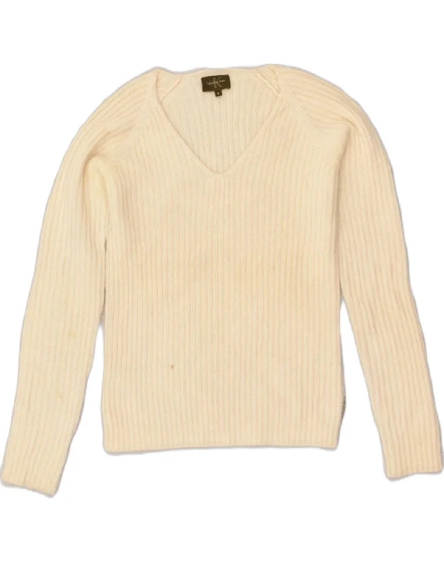 CALVIN KLEIN Womens V-Neck Jumper Sweater UK 8 Small Off White Wool Faux Fur Fabric Real Fur Fabric Shearling Fabric CALVIN KLEIN Womens V-Neck Jumper Sweater UK 8 Small Off White Wool Faux Fur Fabric Real Fur Fabric Shearling Fabric