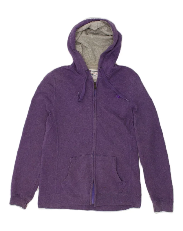 CHAMPION Womens Zip Hoodie Sweater UK 14 Medium Purple Cotton Striped Floral Plaid