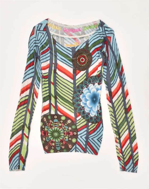 DESIGUAL Womens Boat Neck Jumper Sweater UIK 10 Small Multicoloured Thin Thick Dense