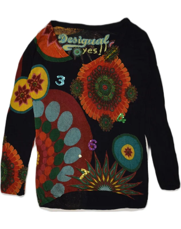 DESIGUAL Womens Crazy Pattern V-Neck Jumper Sweater UK 10 Small Navy Blue Print Jacquard Patchwork DESIGUAL Womens Crazy Pattern V-Neck Jumper Sweater UK 10 Small Navy Blue Print Jacquard Patchwork