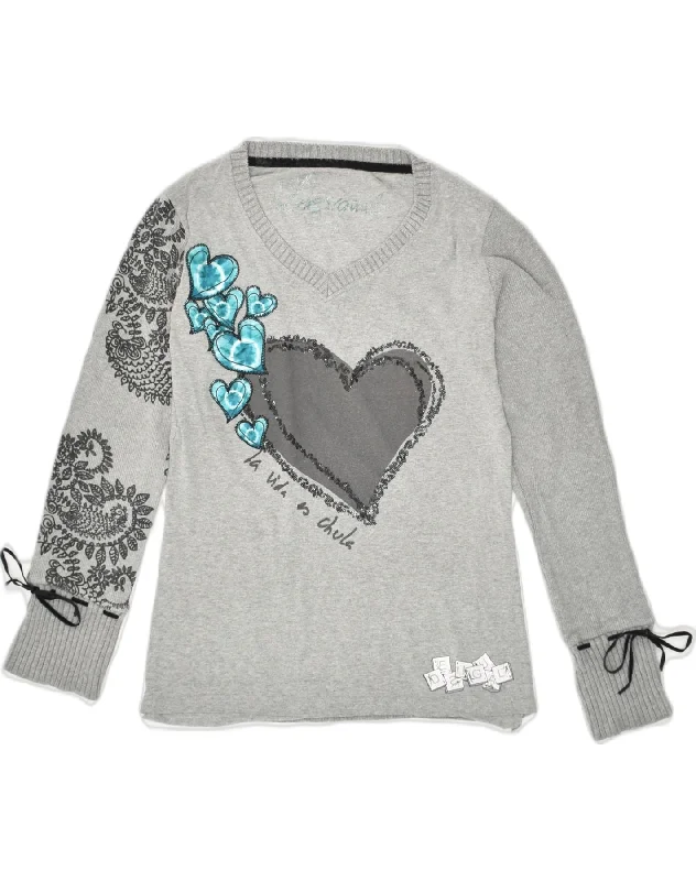 DESIGUAL Womens Graphic V-Neck Jumper Sweater UK 12 Medium Grey Paisley Real Fur Shearling Chenille DESIGUAL Womens Graphic V-Neck Jumper Sweater UK 12 Medium Grey Paisley Real Fur Shearling Chenille