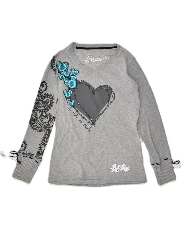 DESIGUAL Womens Graphic V-Neck Jumper Sweater UK 14 Large Grey Paisley Nylon Fabric Polyester Fabric Spandex Fabric DESIGUAL Womens Graphic V-Neck Jumper Sweater UK 14 Large Grey Paisley Nylon Fabric Polyester Fabric Spandex Fabric