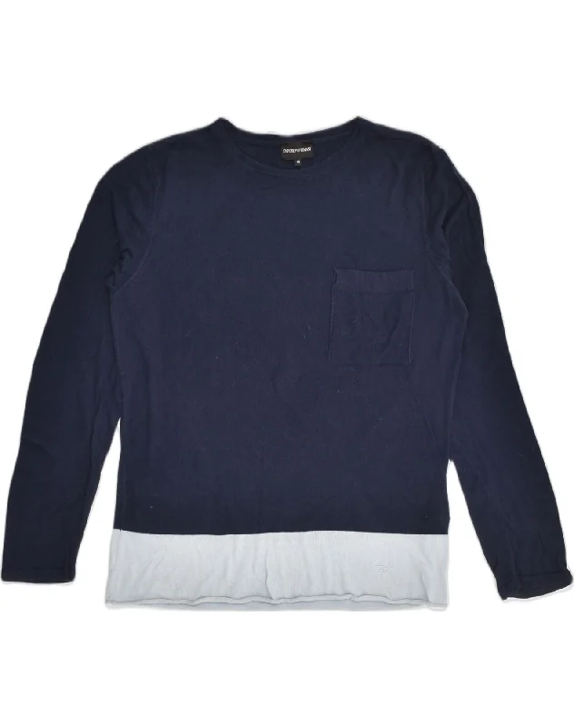 EMPORIO ARMANI Womens Crew Neck Jumper Sweater IT 48 XL Navy Blue Mesh Sweater Canvas Denim EMPORIO ARMANI Womens Crew Neck Jumper Sweater IT 48 XL Navy Blue Mesh Sweater Canvas Denim