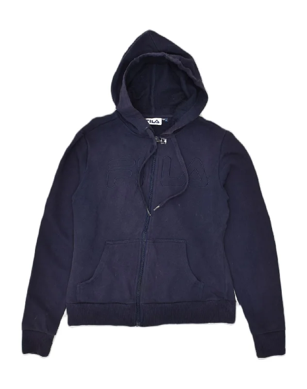 FILA Womens Graphic Zip Hoodie Sweater UK 10 Small Navy Blue Cotton Zippered Buttoned Snapped FILA Womens Graphic Zip Hoodie Sweater UK 10 Small Navy Blue Cotton Zippered Buttoned Snapped