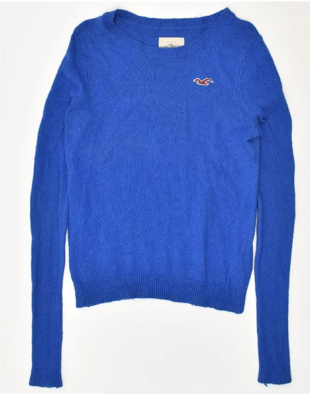 HOLLISTER Womens Crew Neck Jumper Sweater UK 10 Small Blue Cotton Seamless Knitted Crochet