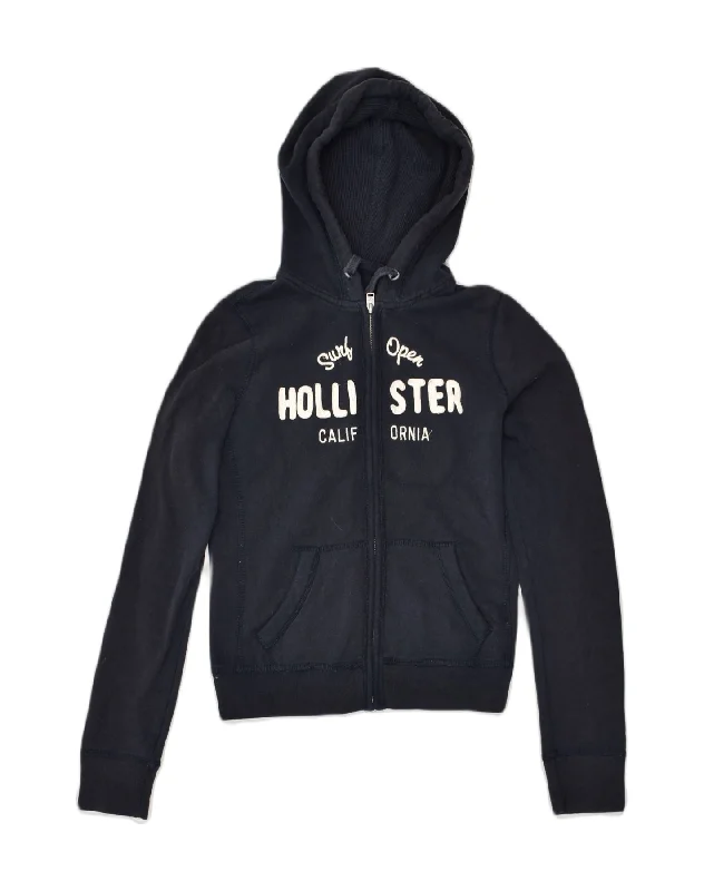 HOLLISTER Womens Graphic Zip Hoodie Sweater UK 10 Small Navy Blue Cotton Graphic Sweater Embroidered Appliqued HOLLISTER Womens Graphic Zip Hoodie Sweater UK 10 Small Navy Blue Cotton Graphic Sweater Embroidered Appliqued