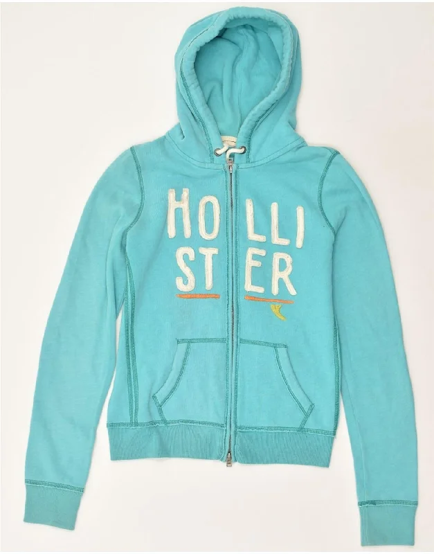 HOLLISTER Womens Graphic Zip Hoodie Sweater UK 12 Medium Blue Cotton Boxy Sweater Fitted Sweater A-Line HOLLISTER Womens Graphic Zip Hoodie Sweater UK 12 Medium Blue Cotton Boxy Sweater Fitted Sweater A-Line