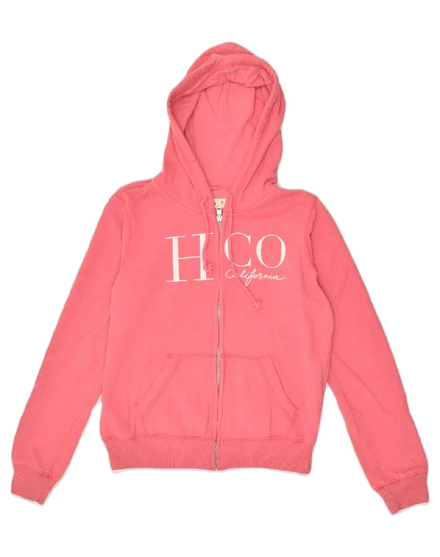 HOLLISTER Womens Zip Hoodie Sweater UK 14 Medium Pink Cotton Open Front Closed Front Wrap Front HOLLISTER Womens Zip Hoodie Sweater UK 14 Medium Pink Cotton Open Front Closed Front Wrap Front