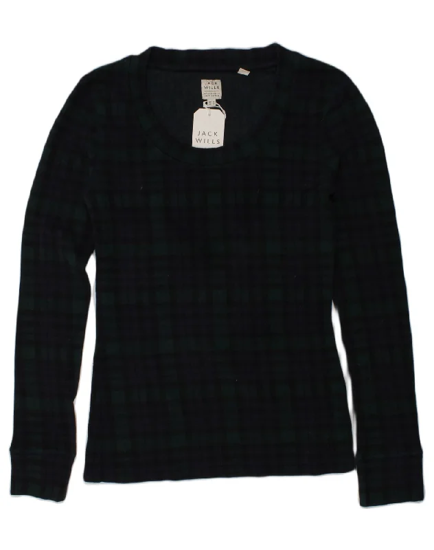 JACK WILLS Womens Crew Neck Jumper Sweater UK 10 Small Green Check Cotton Front Pockets Side Pockets Patch Pockets JACK WILLS Womens Crew Neck Jumper Sweater UK 10 Small Green Check Cotton Front Pockets Side Pockets Patch Pockets