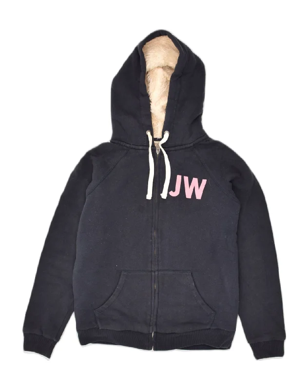 JACK WILLS Womens Sherpa Graphic Zip Hoodie Sweater UK 10 Small Navy Blue Spandex Rayon Corduroy JACK WILLS Womens Sherpa Graphic Zip Hoodie Sweater UK 10 Small Navy Blue Spandex Rayon Corduroy